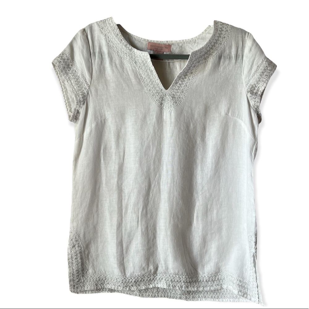St.Tropez West 100% Linen White Embellished Short Sleeve Top Size S